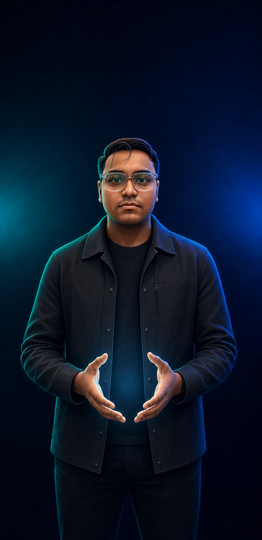 Cohesive 3D AI avatar of Saurav Bablu Chowdhary holding a symbolic universe of AI, hardware and digital systems